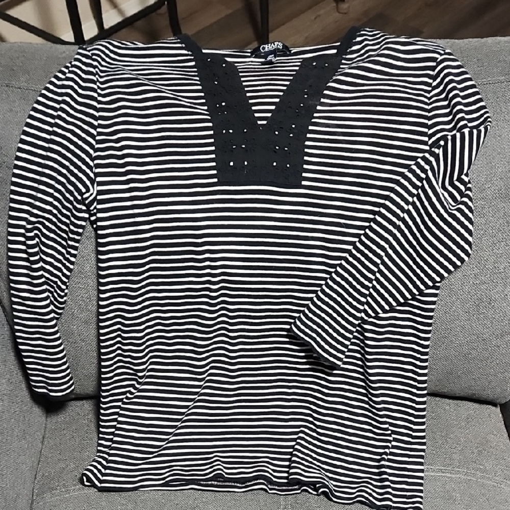 Chaps Black and White Striped Long Sleeve V-Neck Top with Stud Detail